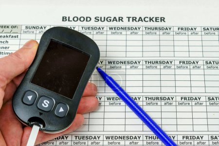 Foto de Medical device to measure the blood glucose level with a lancing device with a pen. Checking the blood glucose level in diabetic patients. - Imagen libre de derechos
