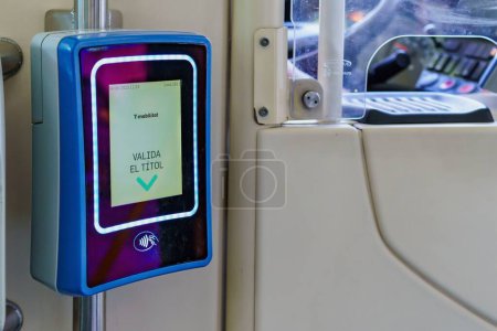 Photo for Barcelona, Spain-June 2, 2023. Bus contactless payment validator - Royalty Free Image
