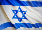 National flag of Israel fluttering in the wind. Israeli flag waving in the wind. Front closing view. White and blue flag with Star of David. Poster #687344218