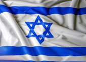 National flag of Israel fluttering in the wind. Israeli flag waving in the wind. Front closing view. White and blue flag with Star of David. Poster #687344226