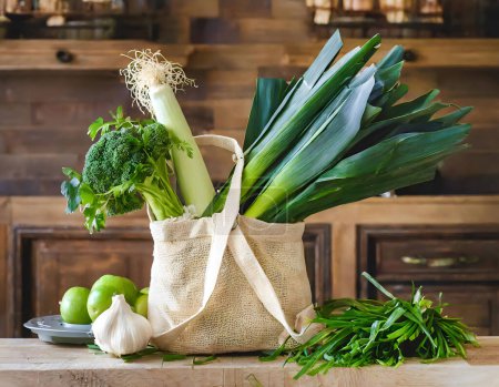 Téléchargez les photos : Légumes et fruits biologiques sur comptoir de cuisine en bois rustique. sac réutilisable - en image libre de droit