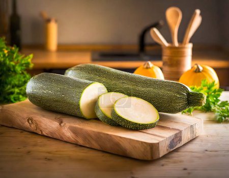 Photo for Fresh Zucchini Slices on Wooden Board in Bright Kitchen - Royalty Free Image