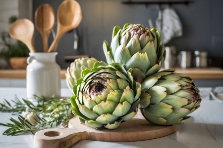 A basket of fresh green artichokes on a wooden board, portraying natural and healthy living