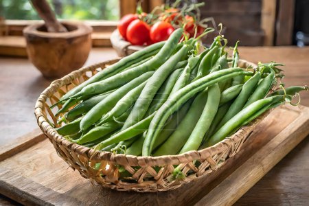A rustic display of freshly harvested green beans and tomatoes, symbolizing organic and healthy living