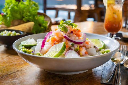 A fresh ceviche dish, served at sunset, highlighting the vibrant and appetizing presentation.
