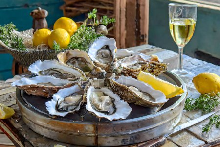 Foto de Gourmet Oysters on the Half Shell. Ostras frescas servidas con cuñas de limón y vino, perfectas para una experiencia gastronómica de lujo - Imagen libre de derechos