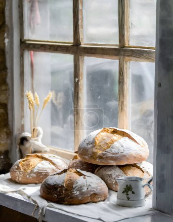 Frisch gebackenes handwerkliches Brot kühlt sich durch ein rustikales Fenster ab und fängt die Essenz heimeliger Wärme und morgendlicher Gelassenheit ein