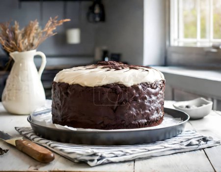 A rich and moist Guinness chocolate cake with creamy white frosting, placed on a round metal tray on a wooden table, illuminated by natural light from a window.