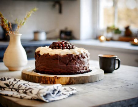 A rich and moist Guinness chocolate cake with creamy white frosting, placed on a round metal tray on a wooden table, illuminated by natural light from a window.