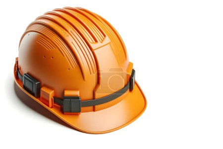 A bright orange safety helmet with a black adjustable chin strap. Essential safety equipment for construction or industrial settings, providing head protection