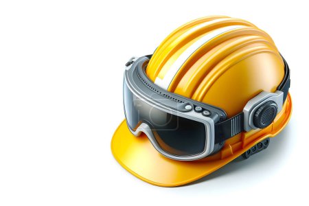 Un casque de sécurité jaune vif avec des lunettes attachées. Équipement de sécurité essentiel pour la construction ou les installations industrielles, offrant une protection complète de la tête et des yeux