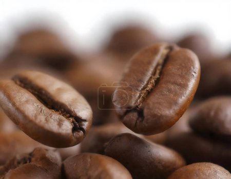 Großaufnahme von Kaffeebohnen, die in einen Haufen Kaffeebohnen auf weißem Hintergrund mit unterschiedlichen Formen und Größen fallen, und intensiver brauner Farbe, die in Zeitlupe fällt und einen kleinen Haufen bildet