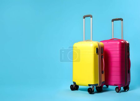 Dos vibrantes y coloridas maletas colocadas sobre un fondo azul brillante, evocan la emoción y la estética de los viajes modernos.