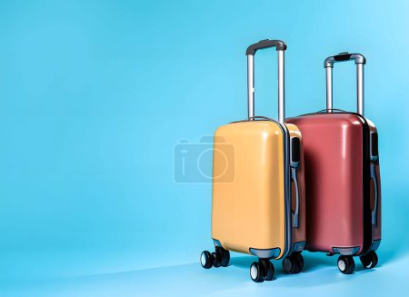 Deux valises vibrantes et colorées sur un fond bleu vif, évoquant l'excitation et l'esthétique du voyage moderne.