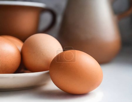 Eine Nahaufnahme von fünf braunen Eiern auf einem Teller. Einfachheit in der Ernährung - frische braune Eier als Symbol biologischer Ganzheit