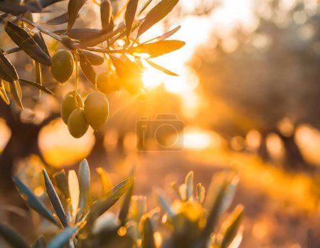 escena tranquila con un olivo, sus ramas cargadas de aceitunas maduras, todo bañado en los tonos suaves y dorados de un sol poniente