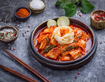 Téléchargez les photos : Plat traditionnel coréen appelé kimchi, à base de légumes fermentés aux épices chaudes présentés dans un bol authentique - en image libre de droit