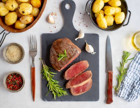 A plate of meat with herbs and potatoes. The meat is cut into pieces and is served on a cutting board. The plate is set on a table with a fork, knife, and spoon. Scene is inviting and appetizing