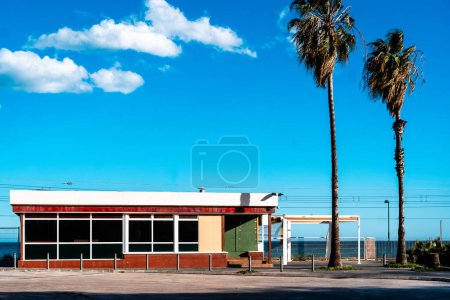 Frente a una palmera se encuentra un pequeño restaurante con techo blanco y adornos rojos. El cielo es azul con nubes.