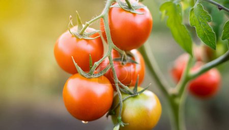 A vibrant display of tomatoes in various stages of ripening, hanging from a vine in an organic garden, with a beautifully blurred natural background