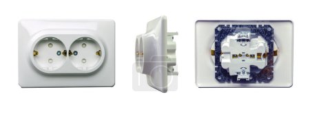 Indoor electrical outlet with two sockets of three positions, isolated on white background