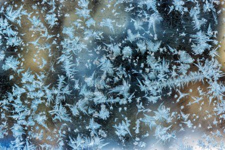 Foto de Un hermoso y variado patrón de heladas en el cristal de la ventana en invierno - Imagen libre de derechos