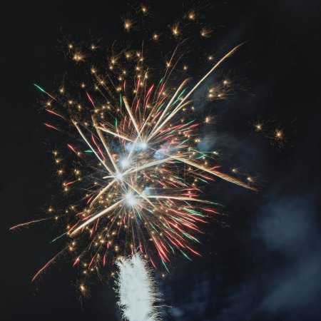 Foto de Una impresionante exhibición de fuegos artificiales de colores, iluminando el oscuro cielo nocturno con una iluminación brillante y vívida - Imagen libre de derechos