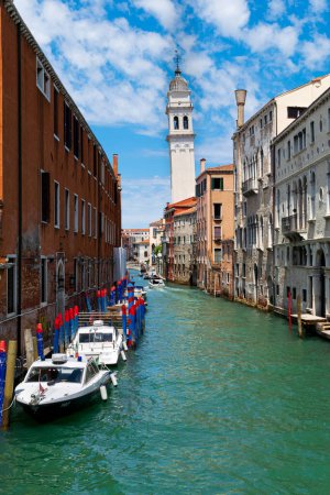 Photo for Picturesque canal in Venice shows the tower of San Giorgio dei Greci - Royalty Free Image