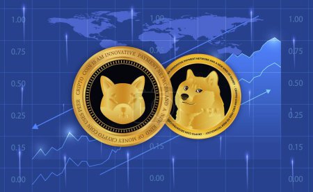 Téléchargez les photos : Shiba inu et dogecoin monnaie virtuelle visuels sur un fond abstrait. Illustrations 3D. - en image libre de droit