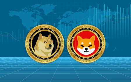 Photo for Shiba inu and dogecoin virtual currency visuals on an abstract background. 3d illustrations. - Royalty Free Image