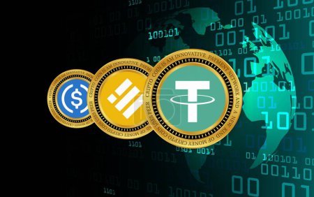 tether, usdc and busd virtual currency image in the digital background. 3d illustrations.