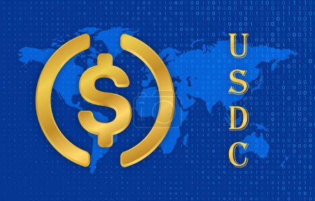 Bilder der virtuellen Währung USDC auf digitalem Hintergrund. 3D-Abbildungen.