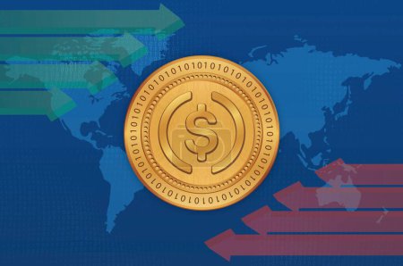Bilder der virtuellen Währung USDC auf digitalem Hintergrund. 3D-Abbildungen.