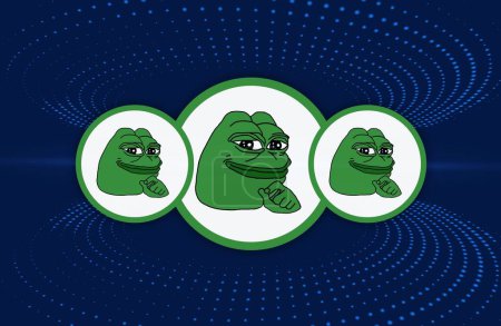 Bilder des Pepe-Logos auf digitalem Hintergrund. 3D-Abbildungen.