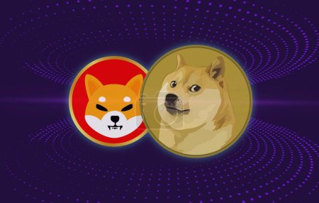 Photo for Shiba inu and dogecoin virtual currency visuals on an abstract background. 3d illustrations. - Royalty Free Image
