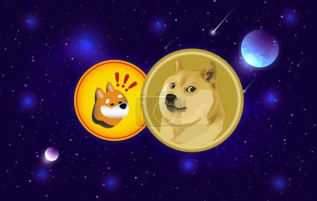 Téléchargez les photos : Image du logo dogecoin et bong coin sur fond numérique. Illustrations 3D. - en image libre de droit