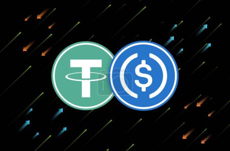 tether-usdt and usdc virtual currency image in the digital background. 3d illustrations.