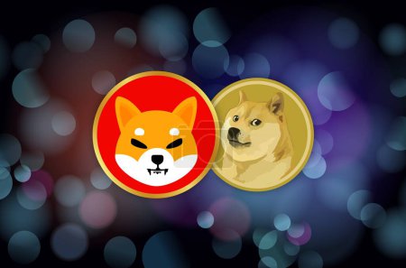 shiba inu and dogecoin virtual currency visuals on an abstract background. 3d illustrations.