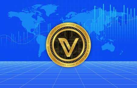 vechain-vet cryptocurrency images on digital background. 3d illustration.
