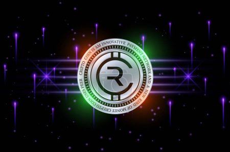 Rubycoin-rby cryptocurrency images on digital background. 3d illustration.