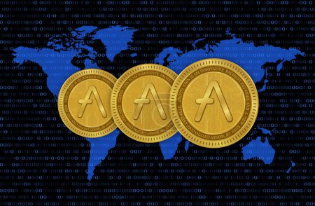 AAVE virtuelle Währungsbilder auf digitalem Hintergrund. 3D-Illustration