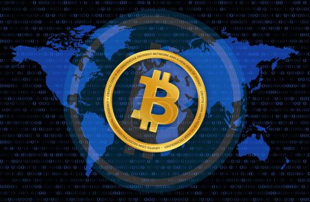 Bilder des Bitcoin-btc-Logos auf einem digitalen Hintergrund. 3D-Abbildungen.