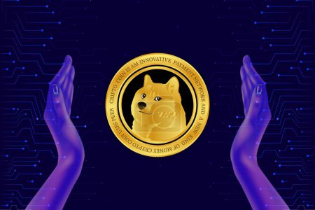 Bilder der Dogecoin-Dog-Kryptowährung auf digitalem Hintergrund. 3D-Abbildungen.
