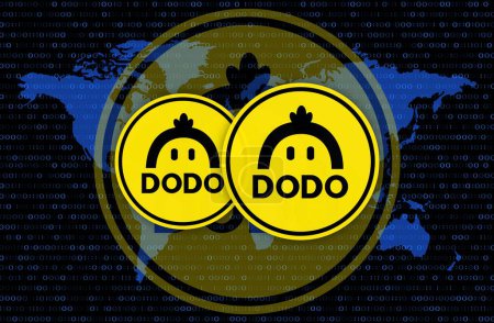 dodo virtuelle Währung Bild im digitalen Hintergrund. 3D-Abbildungen.