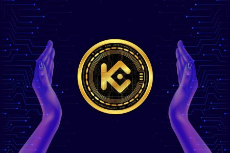 Bilder der virtuellen Währung kucoin-kcs auf digitalem Hintergrund. 3D-Abbildungen.