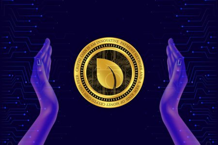 Peercoin-Peer-Kryptowährungsbilder auf digitalem Hintergrund. 3D-Illustration.