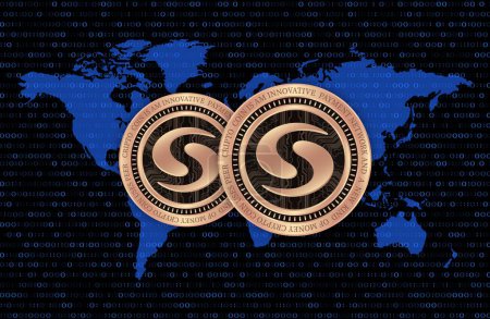 syscoin-sys images crypto-monnaie sur fond numérique. Illustration 3d.