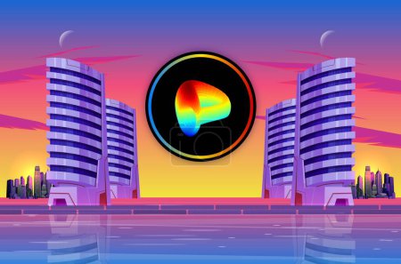 Image of curve dao-crv cryptocurrency on city background at sunset. 3d illustrations.