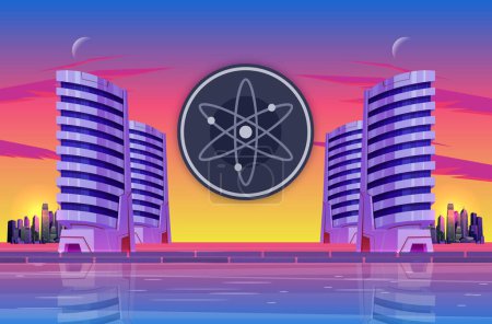 Photo for Image of cosmos-atom cryptocurrency on city background at sunset. 3d illustrations. - Royalty Free Image