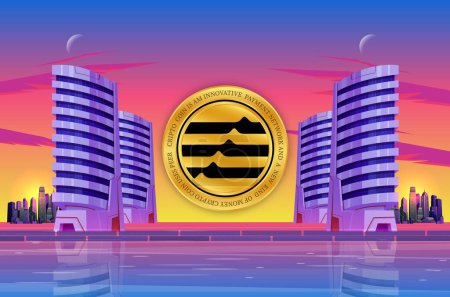 Image of aptos-apt cryptocurrency on city background at sunset. 3d illustrations.